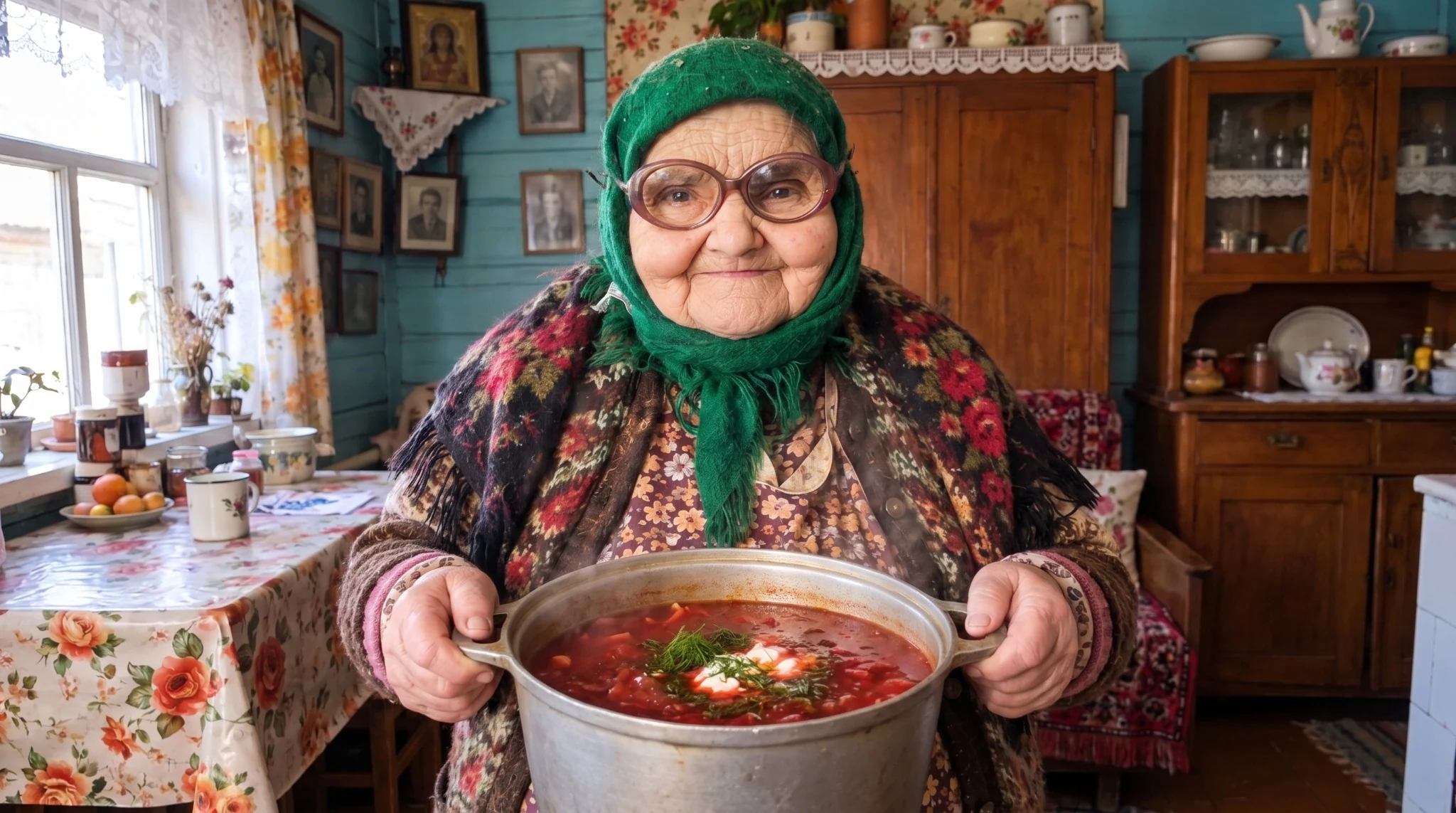 Baba Borsh holding a pot of borscht